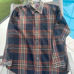 Y2K Tommy Hilfiger Blue and Tan plaid  Shirt Mens XL